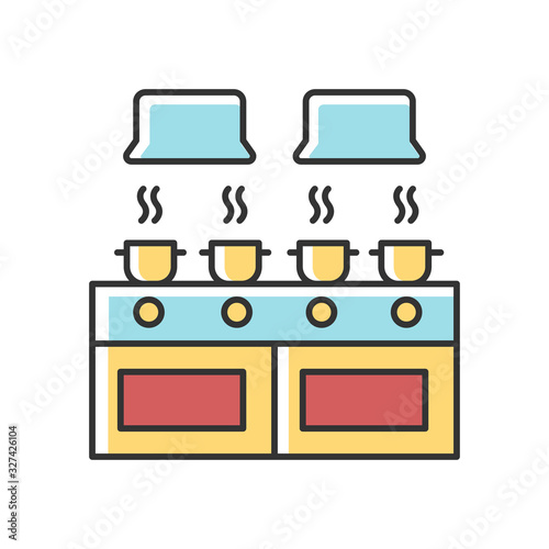 Communal kitchen RGB color icon. Common dormitory room. Cooking. Casseroles on stove top. Living accommodations. Shared dorm space. Restaurant, cafe. Isolated vector illustration