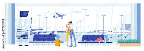 Meeting or Parting Couple in Airport Terminal.