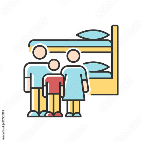 Family dormitory RGB color icon. Shared dorm room. Common bedroom. Accommodation facility. Bunk bed. Hostel. Residential area. Living conditions. Isolated vector illustration