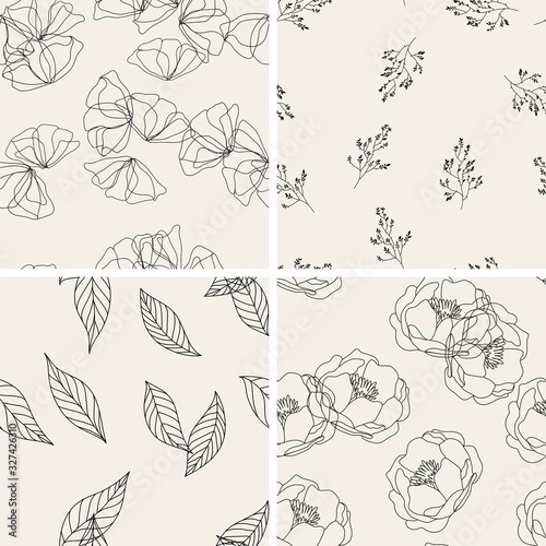 Vintage floral seamless patterns collection. Textures with hand drawn flowers. Elegance wedding delicate backgrounds.
