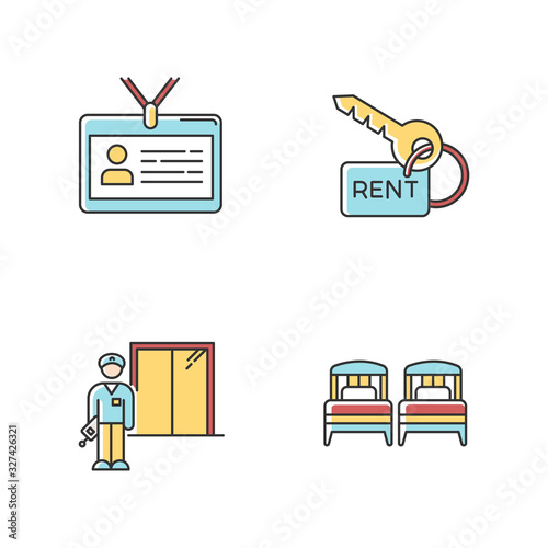 Renting hotel room RGB color icons set. Living accommodation. Single beds. Security guard, elevator operator. Apartment key. Rental service. Identity badge, ID card. Isolated vector illustrations