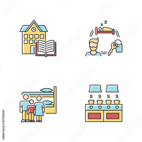 Dormitory RGB color icons set. Family dorm. Communal kitchen. Common space. Shared bedroom. Renting. Campus library. Living conditions. Isolated vector illustrations