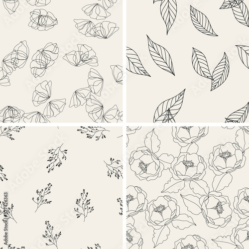 Vintage floral seamless patterns collection. Textures with hand drawn flowers. Elegance wedding delicate backgrounds.