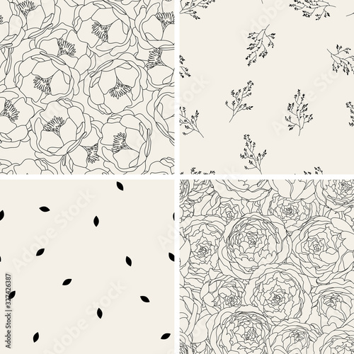 Vintage floral seamless patterns collection. Textures with hand drawn flowers. Elegance wedding delicate backgrounds.