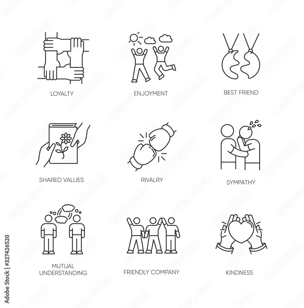 Friendship pixel perfect linear icons set. Emotional affection, interpersonal bond, social relationship customizable thin line contour symbols. Isolated vector outline illustrations. Editable stroke