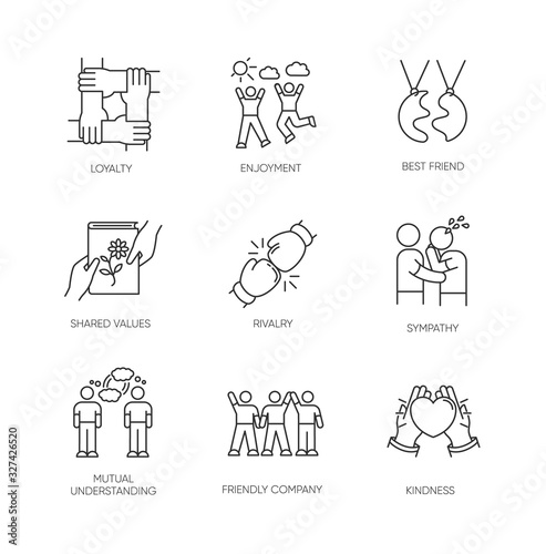 Friendship pixel perfect linear icons set. Emotional affection, interpersonal bond, social relationship customizable thin line contour symbols. Isolated vector outline illustrations. Editable stroke