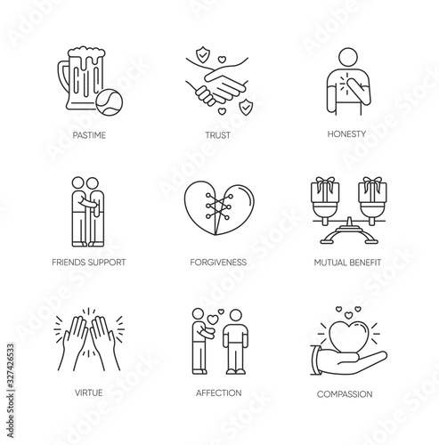 Friends relationship pixel perfect linear icons set. Social connection, strong interpersonal bond customizable thin line contour symbols. Isolated vector outline illustrations. Editable stroke