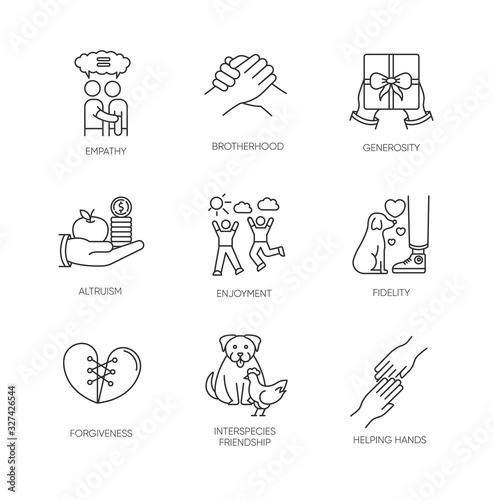 Friendship and support pixel perfect linear icons set. Interpersonal relationship, interspecies bond customizable thin line contour symbols. Isolated vector outline illustrations. Editable stroke