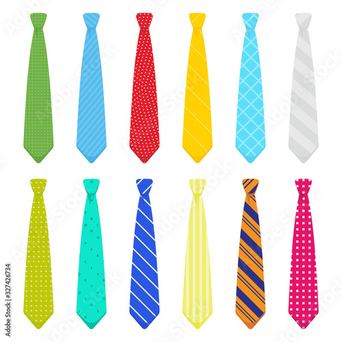 Men ties. Necktie collection in flat style. Menswear decorative elegant accessory. Vector.