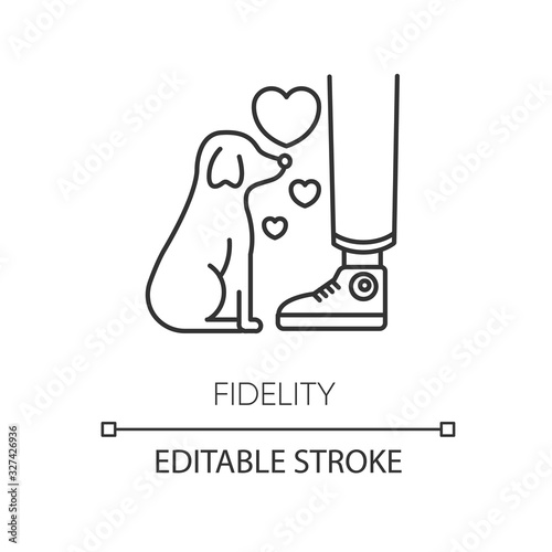 Fidelity pixel perfect linear icon. Thin line customizable illustration. Best friend, friendship with pet. Domestic animal love contour symbol. Vector isolated outline drawing. Editable stroke