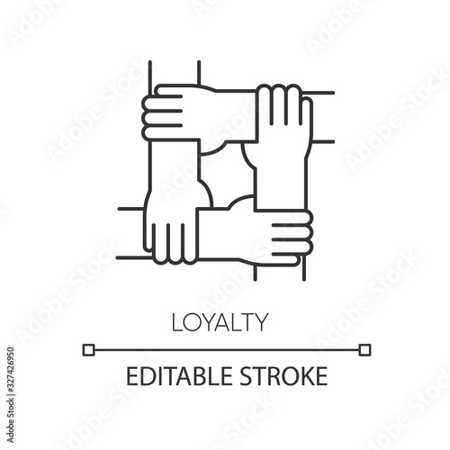 Loyalty pixel perfect linear icon. Thin line customizable illustration. Social connection, collective bonding. Friendship, teamwork contour symbol. Vector isolated outline drawing. Editable stroke