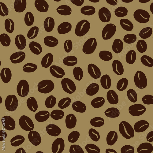 Coffee beans seamless pattern. Seeds of coffee randomly placed on brown background. Wrapping repeating texture. Hand drawn vector eps8 illustration.