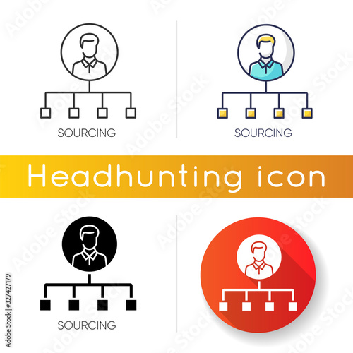 Sourcing icon. Linear black and RGB color styles. Talent acquisition, recruitment strategy. Headhunting, candidates selection. Human resources management. Isolated vector illustrations