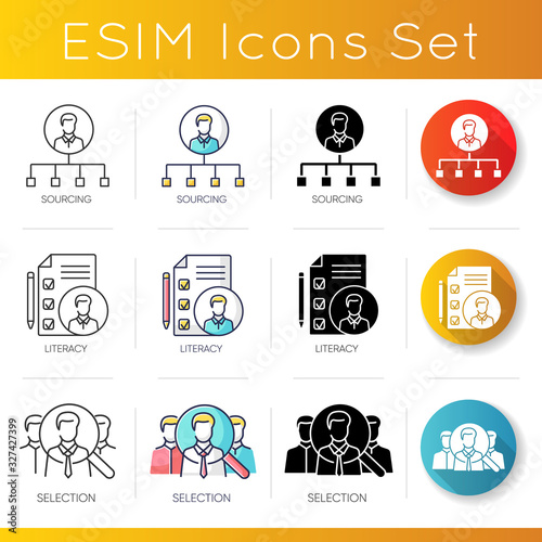 Recruitment icons set. Linear, black and RGB color styles. Sourcing literacy and selection. Professional head hunting. Corporate employees search, staff hiring. Isolated vector illustrations