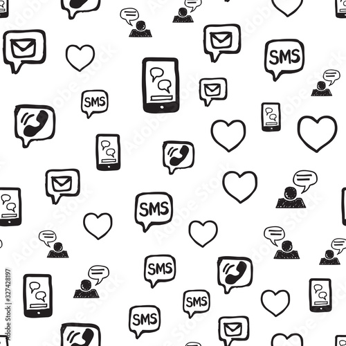 Smart phone, hearts, love SMS and communications seamless pattern. Hand drawn interaction icons randomly placed on white background. Wrapping or web repeating texture. Vector eps8 illustration.