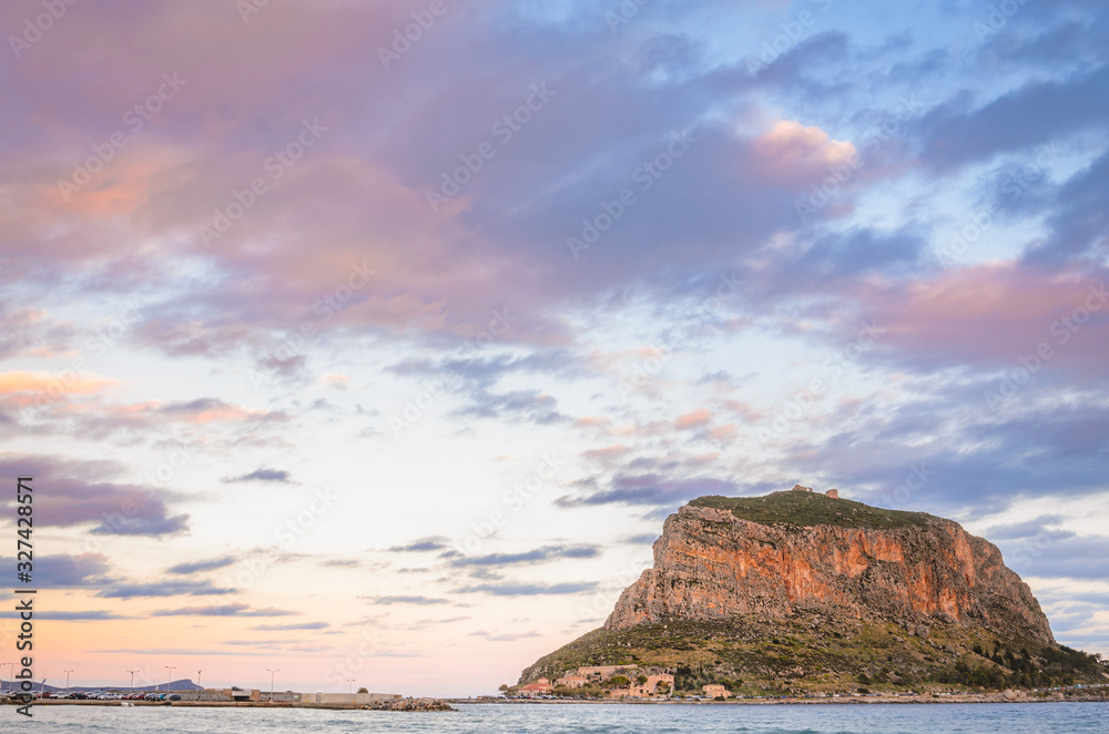 View of Monemvasia during a beautiful  sunset in Laconia Peloponnese Greece