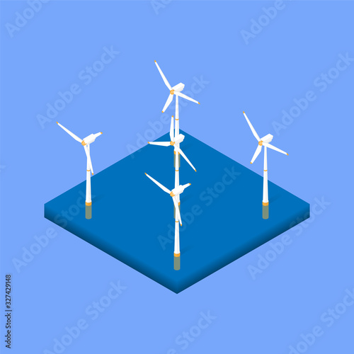 Wind energy park. Wind power station in the sea. Vector isometric illustration