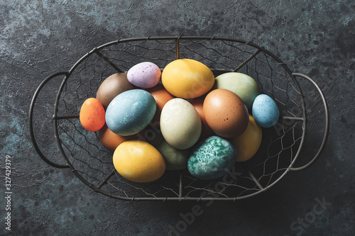 Homemade natural diyed easter eggs in a basket