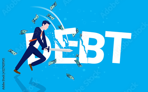 Cut debt - Businessman cutting the word debt wit a sword. Money flying around, blue background. Reduce, slice and get rid of debt concept. Vector illustration.