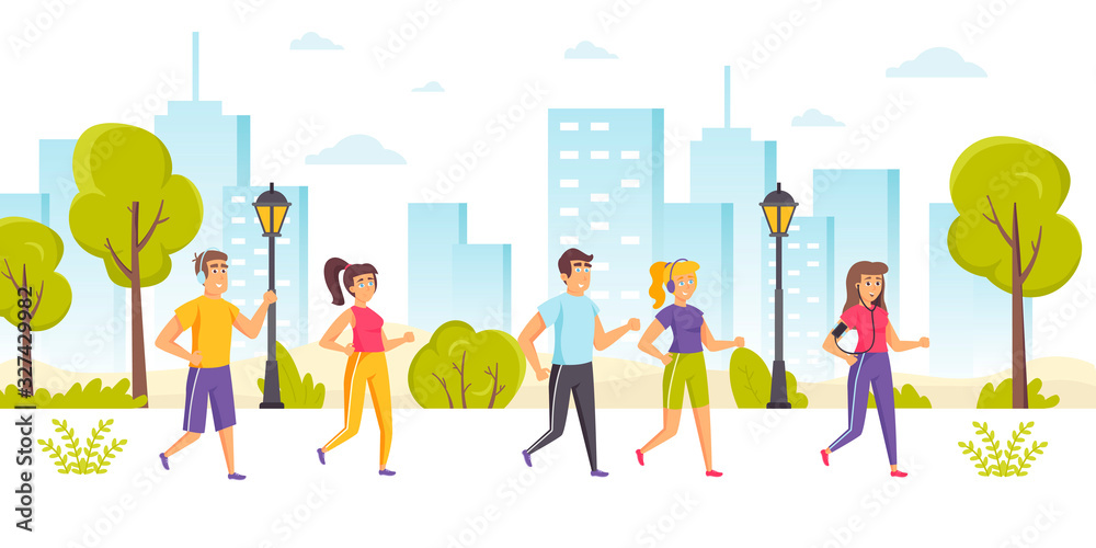Happy people taking part in marathon, sprint, outdoor sports competition, performing cardio training or workout. Funny men and women jogging or running in park. Flat cartoon vector illustration.