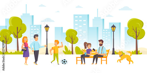 Funny people spending time together in park. Happy family with son playing football, father and daughter sitting on bench and talking, dog running along street. Flat cartoon vector illustration.