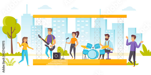 Happy people enjoying music at open air concert, summer musical performance. Musicians and singers performing on outdoor stage and fans or audience dancing around. Flat cartoon vector illustration.