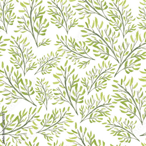 Seamless pattern of leaves from the garden. Botanical hand-drawn watercolor illustration. Design for postcard, invitation, wedding, packaging, fabrics, textiles, wallpapers website