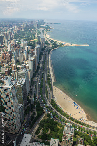 View of Chicago from 360 observation deck.  Lake Shore Drive with Buildings and beaches..