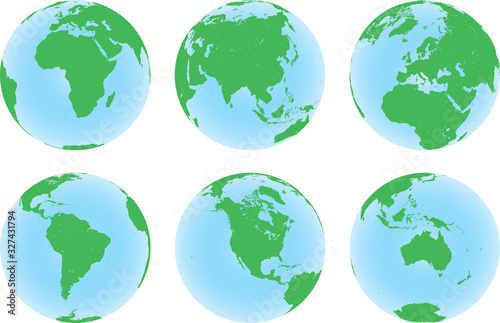 Set of six planet Earth globes with green land map