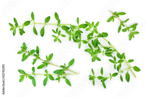 Fresh thyme spice isolated on white background, Top view. Flat lay.