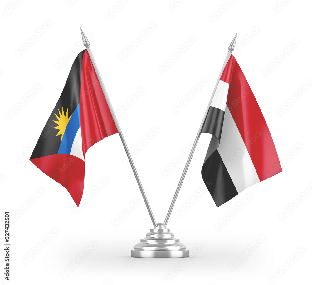 Yemen and Antigua and Barbuda table flags isolated on white 3D rendering Yemen and Antigua and Barbuda table flags isolated on white 3D rendering