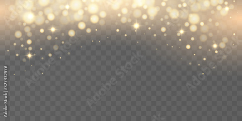 Golden particles glow light effect. Glowing yellow powder splash circles. abstract gold bokeh luxury background. Magic mist glowing on Transparent background.