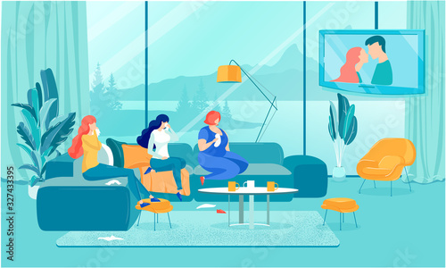 Girlfriends Watching Drama Movie on TV Set at Home