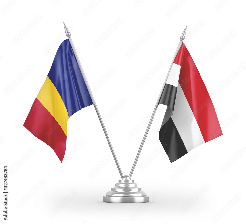 Yemen and Romania table flags isolated on white 3D rendering Yemen and Romania table flags isolated on white 3D rendering