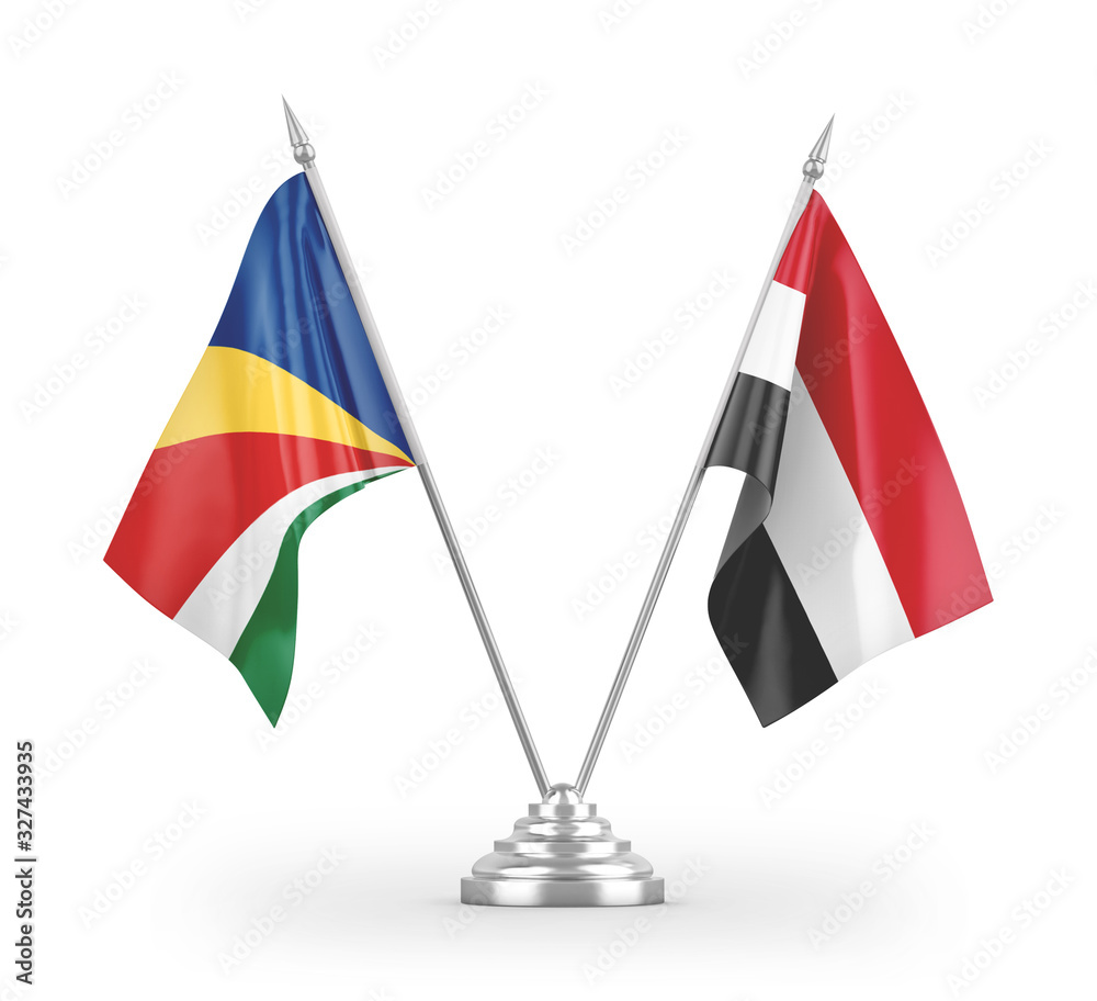 Yemen and Seychelles table flags isolated on white 3D rendering Yemen and Seychelles table flags isolated on white 3D rendering