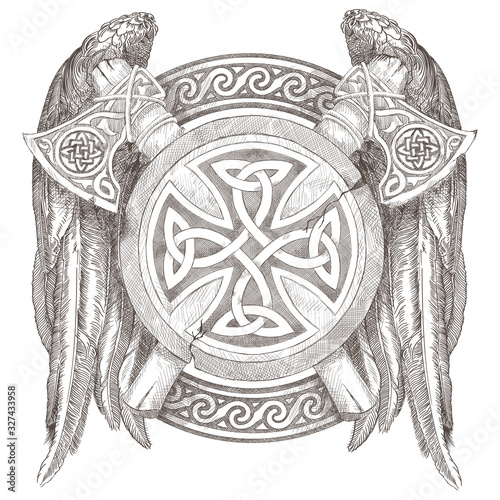 Celtic shield and two axes with wings. Coat of arms of the Vikings with a national ornament. Pencil hand drawing.