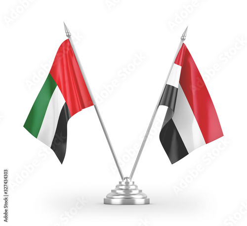 Yemen and United Arab Emirates table flags isolated on white 3D rendering