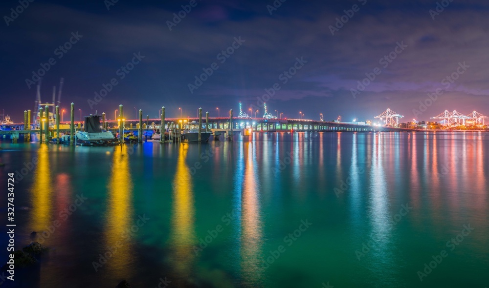 night bridge lighting sea water city skyline river landscape dusk harbor architecture sky impressions lighting industry town miami