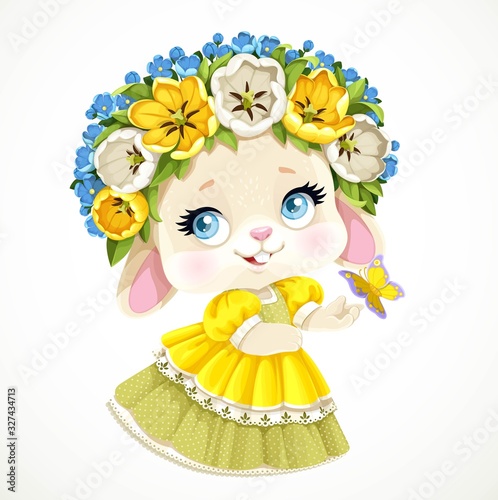 Cute little bunny girl in dress and in magnificent wreath holds a butterfly isolated on white background