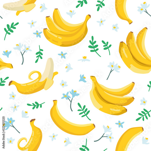 Vector summer exotic pattern with yellow bananas, flowers and leaves. Seamless texture design.