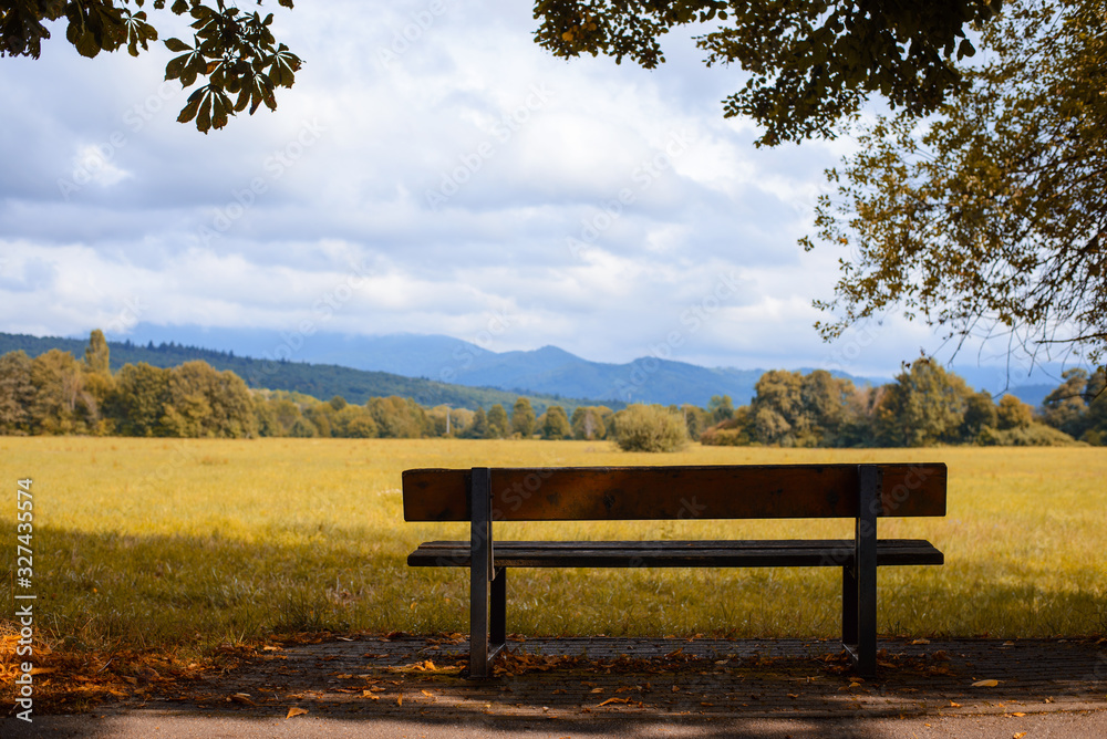 Lonely bench underneath the tree with picturesque view on the valley and mountains on the horizon. Concept of chilling out and taking a break