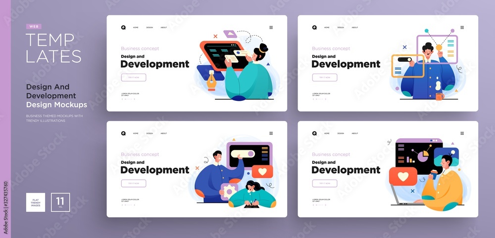 Website template designs. Web page layouts with modern business concepts illustrations. Creative, development and teamwork concepts - obrazy, fototapety, plakaty 