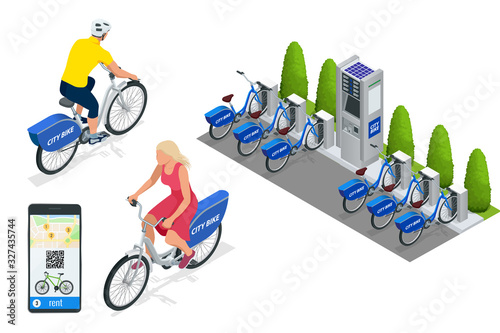 Isometric row of bicycles parked. Blue bicycles stand on a parking for rent. Healthy Lifestyle Outdoor. Bicycle isometric people.
