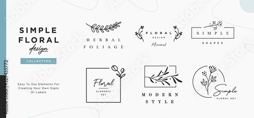 Set of minimalistic elegant geometric floral elements. Premade decorative fashion labels, signs. Vector