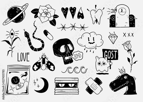 Old school tattoo elements. Cartoon tattoos in funny style. Vector illustration.