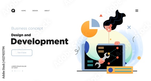 Design and Development. Landing page template with Programmer or designer working in a company office. Website design