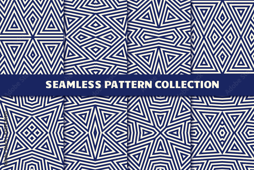 Ethnic seamless pattern collection. Folk tribal backgrounds set. Eclectic striped print kit. Mirrored geometric ornament