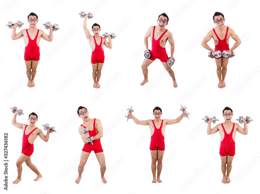 Fototapeta premium Funny guy with dumbbels on white