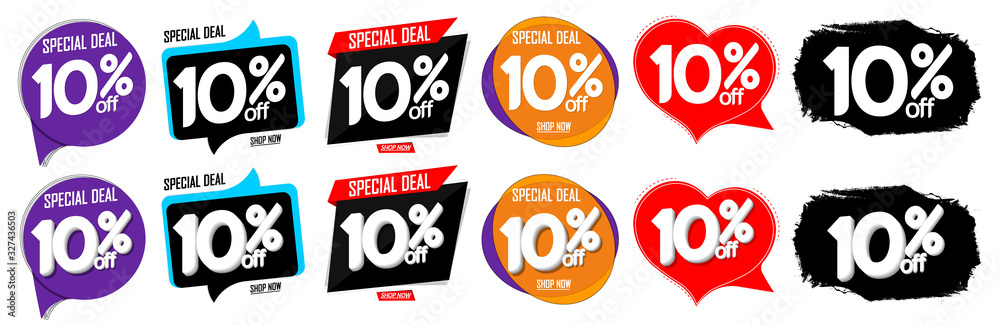 Set Sale 10% off speech bubble banners, discount tags design template, special deal, vector illustration