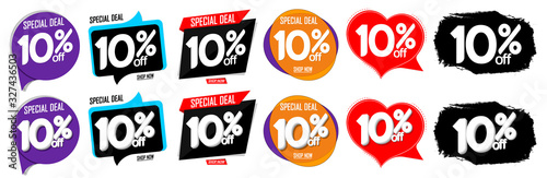 Set Sale 10% off speech bubble banners, discount tags design template, special deal, vector illustration